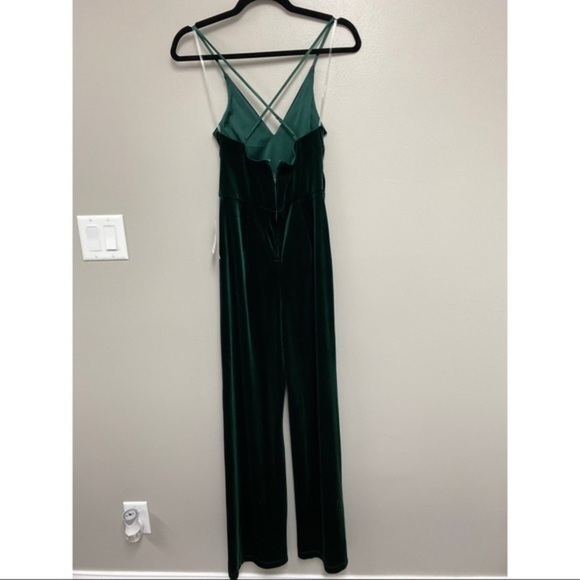 Teeze Me Criss Cross Strap Emerald Velvet Jumpsuit - Picture 6 of 9
